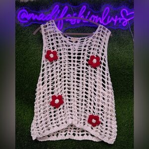 POL White Crochet Tank Top with Red Flower Appliqués NWT